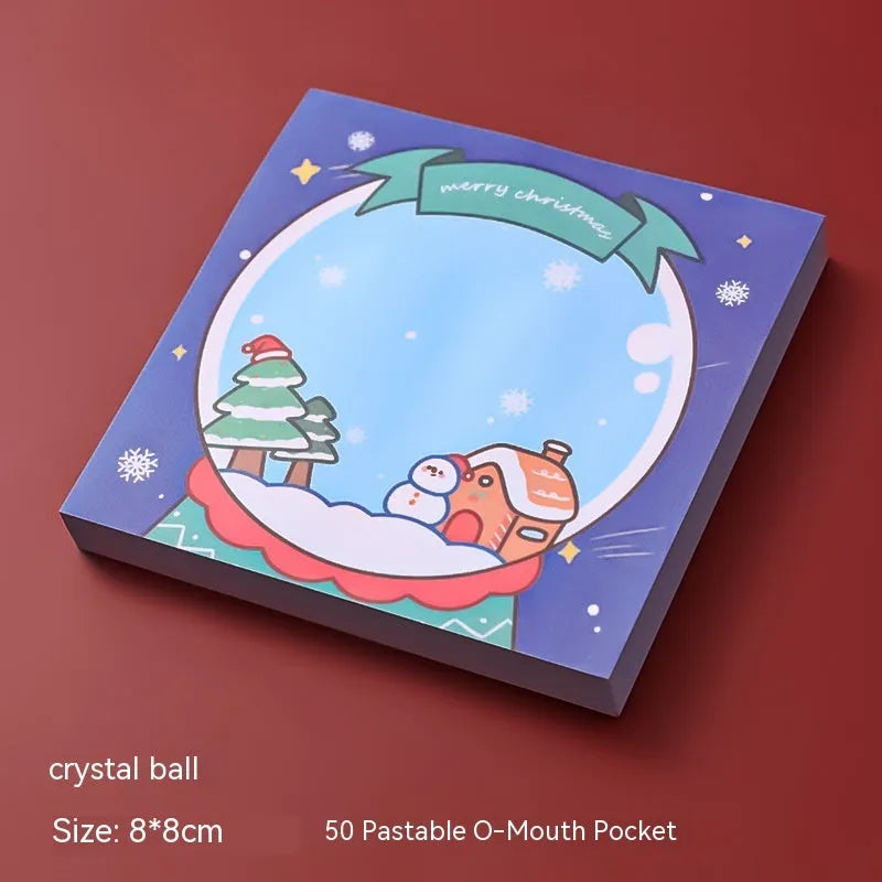Christmas cartoon sticky notes set showing elf, gift, sled, crystal ball, Santa, house, bear, and snowman designs