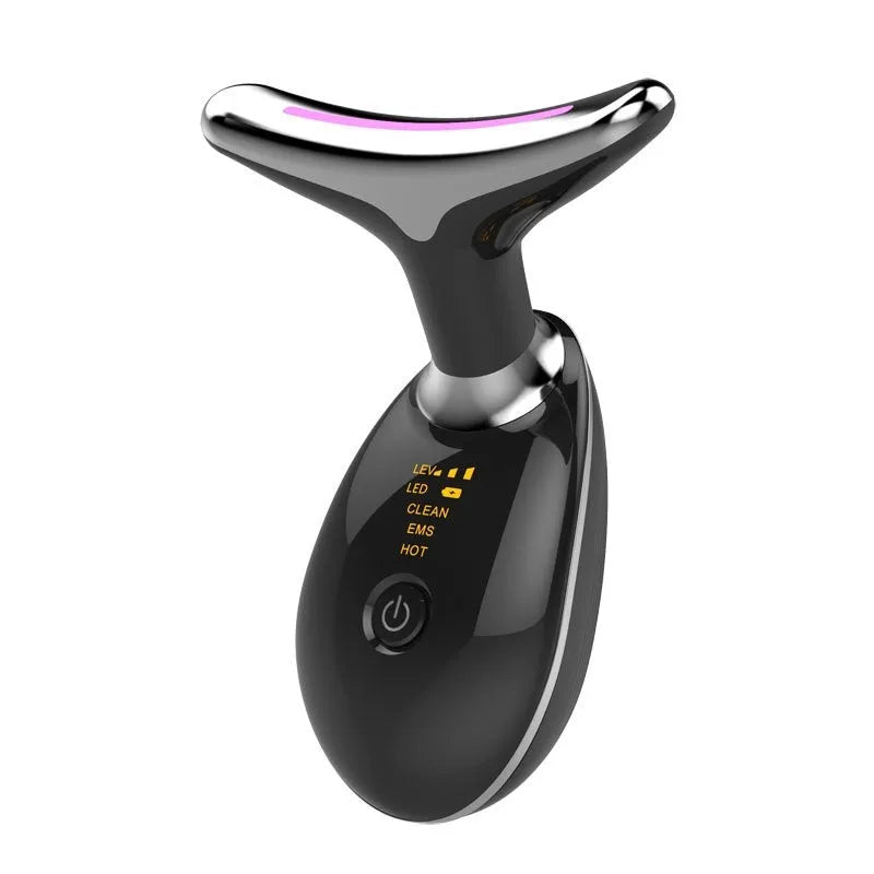 Black and silver EMS thermal neck massager with LED lights for wrinkle reduction and skin tightening