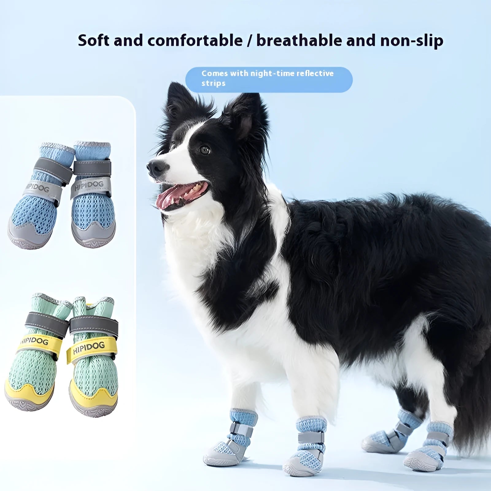 Cartoon style blue and green dog shoes made from PU material for summer paw protection.