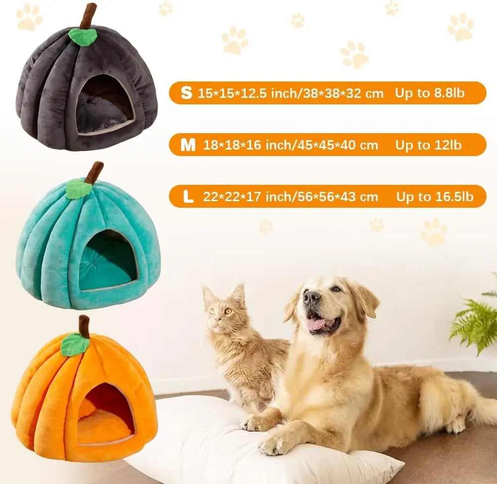 Grey pumpkin-shaped semi-enclosed cat cave bed with a round entry hole on a wooden floor.