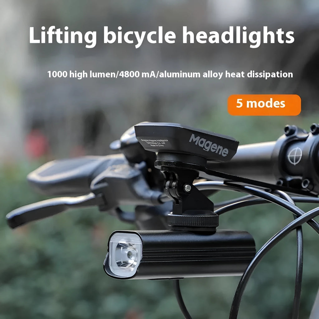 USB rechargeable bicycle front light and smart taillight set with mounting bracket on a bicycle.