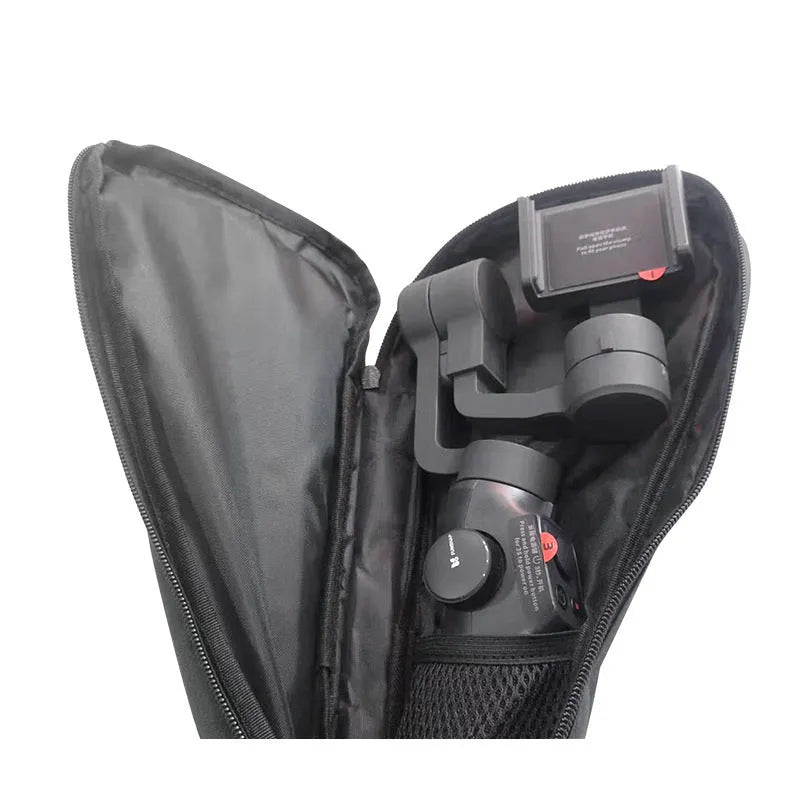 Black cloth zippered storage bag for a mobile phone stabilizer and camera accessories.