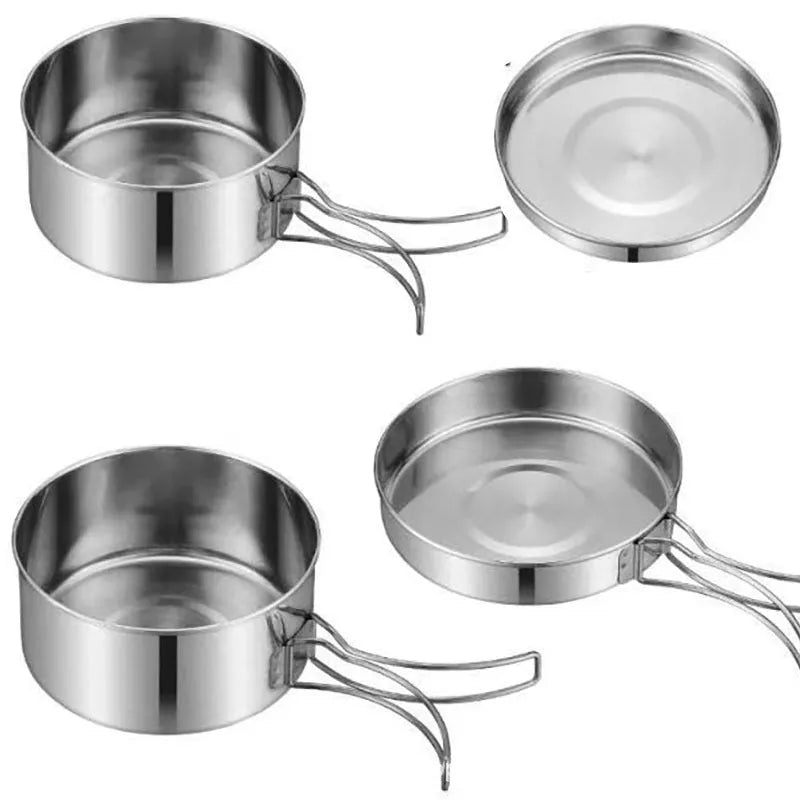 Silver stainless steel camping pot set with round design for outdoor cooking