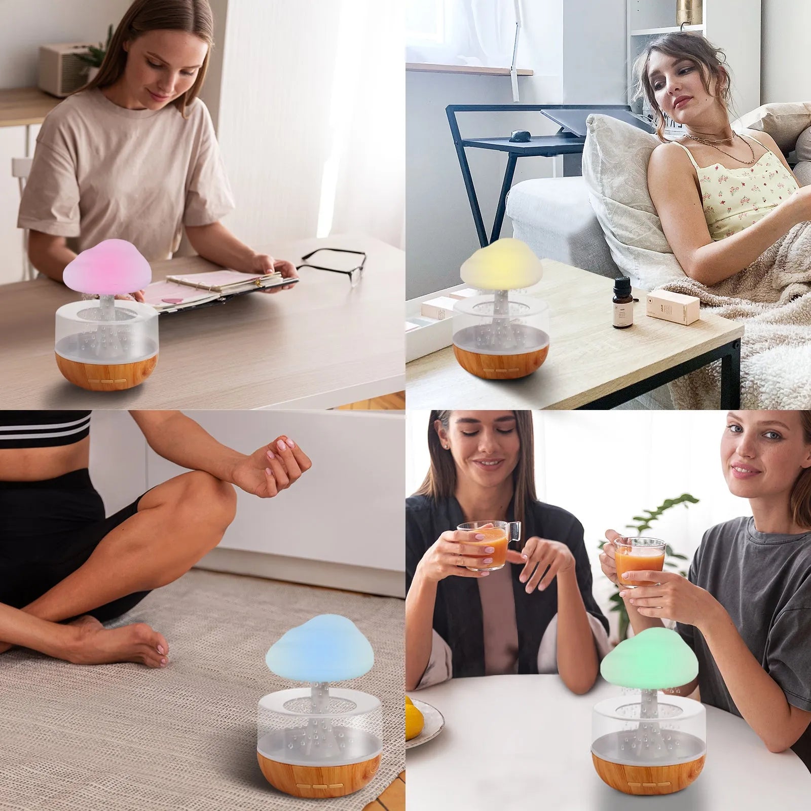 White cloud-shaped humidifier with multi-colour night light and essential oil diffuser on a table.