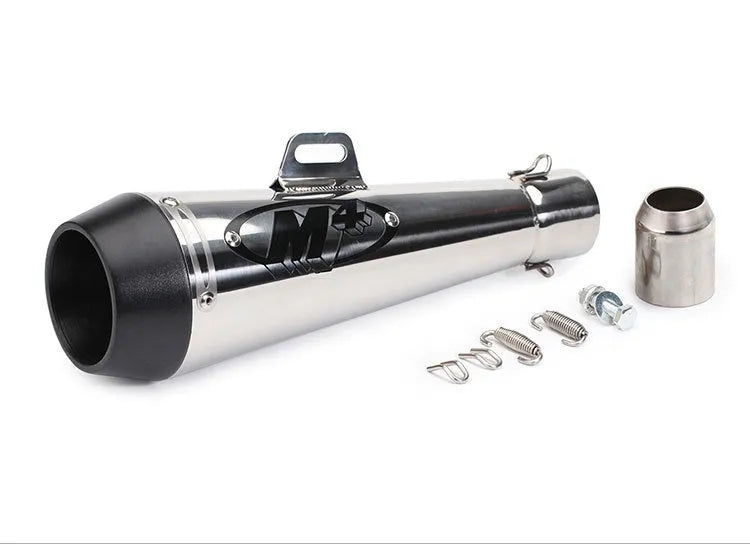 Universal M4 motorcycle exhaust pipe in black, titanium, blue and white steel finishes.
