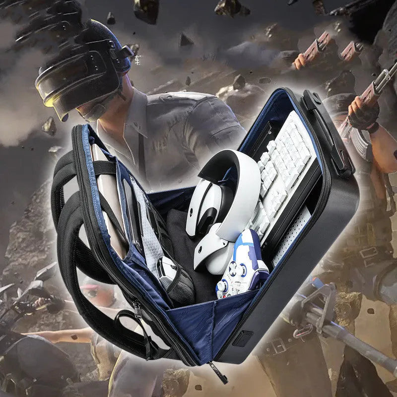 Hard-shell titanium silver gaming backpack with lock, showing internal organiser pockets.