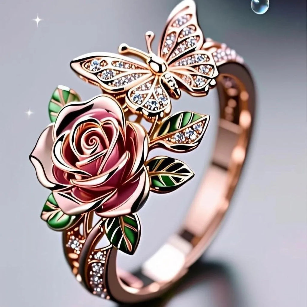 Adjustable butterfly personality ring with colourful oil drip treatment and floral insect leaf design