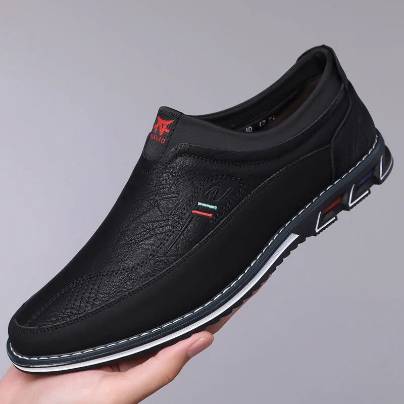 Men's leather casual shoes with rubber sole in black, grey, khaki and orange colours
