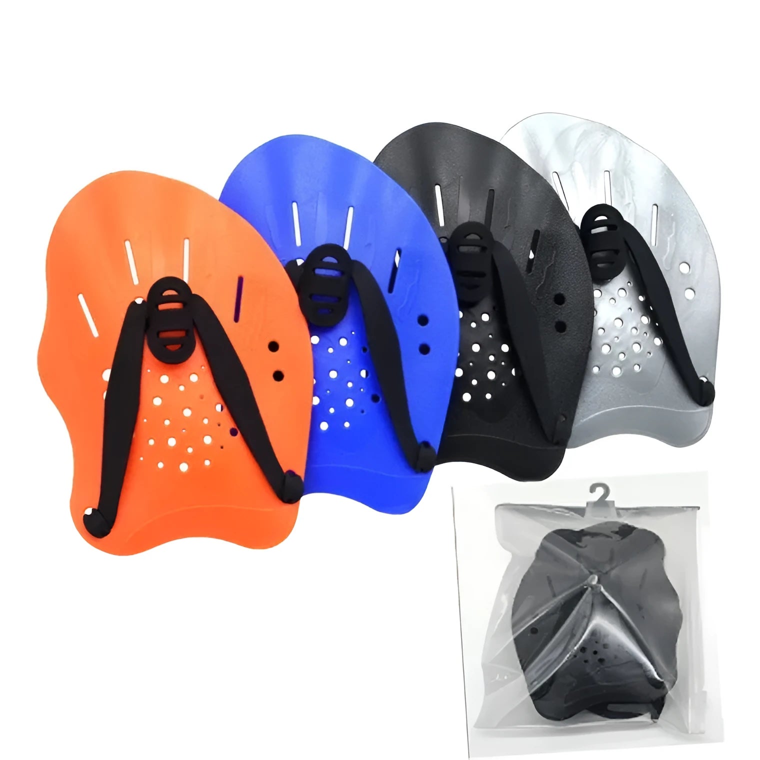 A pair of webbed swimming training hand paddles for freestyle stroke development, shown in various colours.