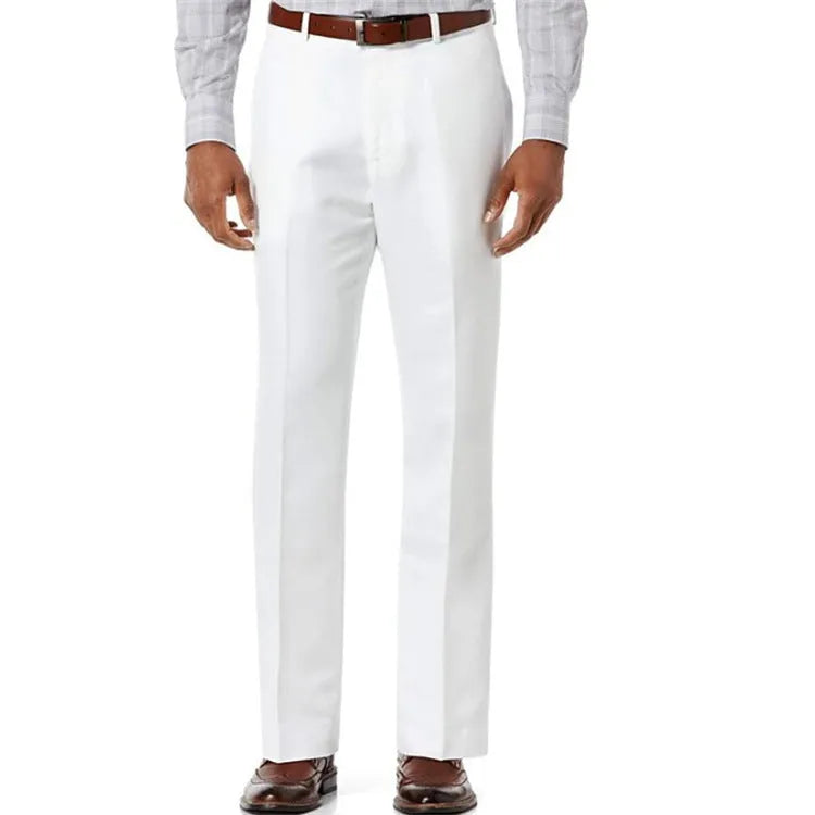 Men's beige white linen blend casual trousers with slant pockets laid flat.
