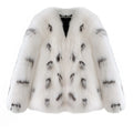 Women's black and white artificial raccoon faux fur coat with slim-fit design and short length.