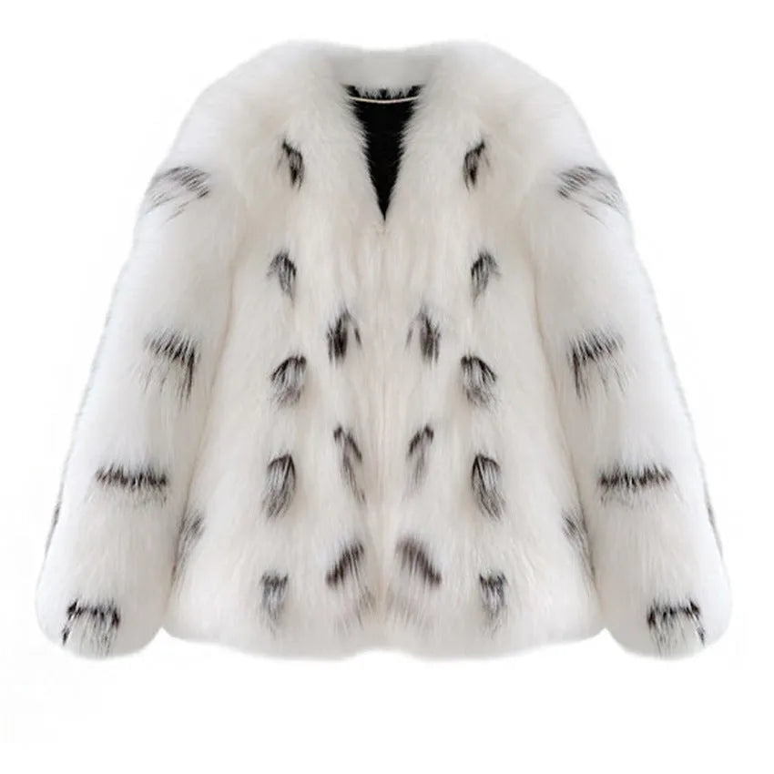 Women's black and white artificial raccoon faux fur coat with slim-fit design and short length.