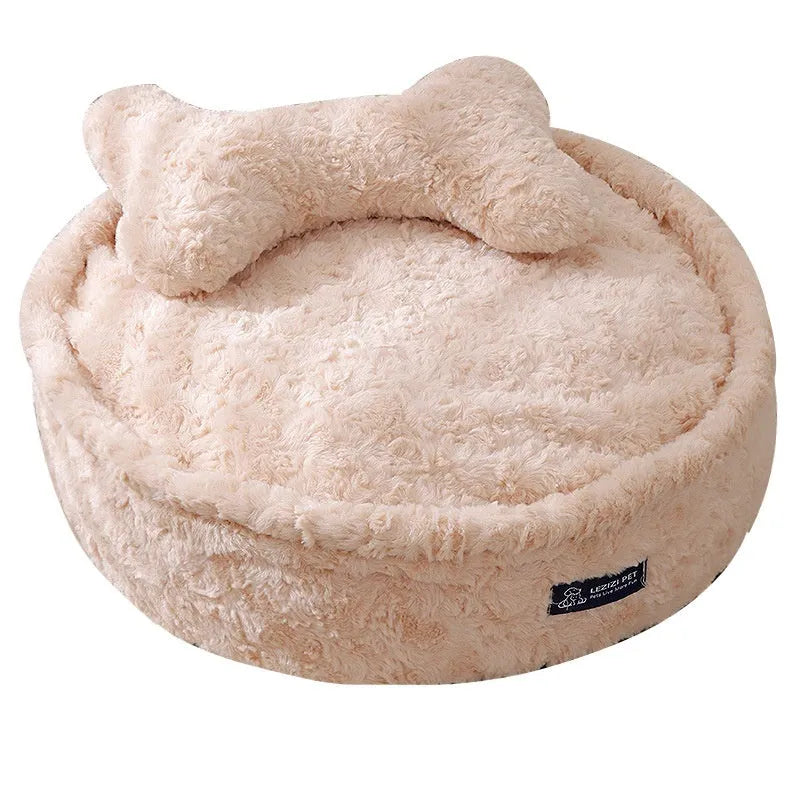 Round nest style pet bed in milk tea colour with removable washable cloth cover