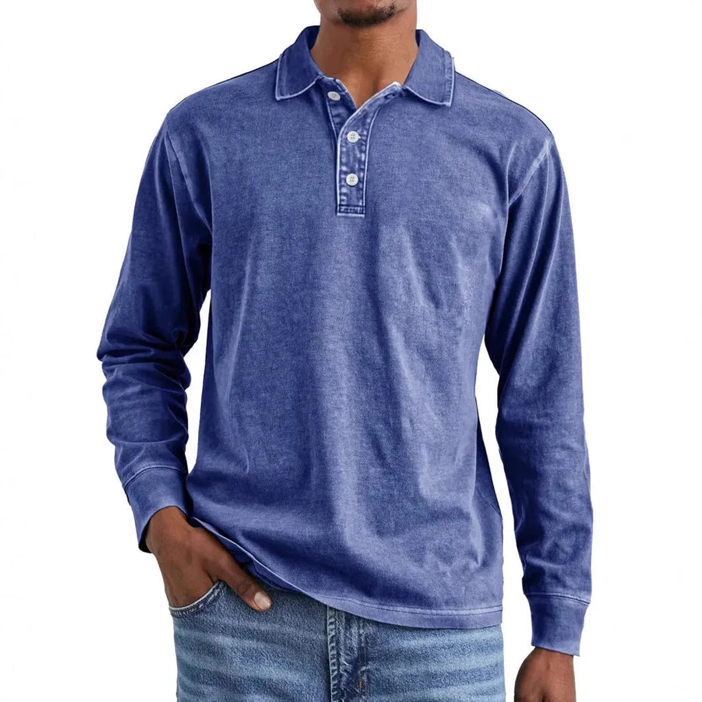 Man wearing a retro washed army green long sleeve polo shirt with a lapel collar and distressed detailing.