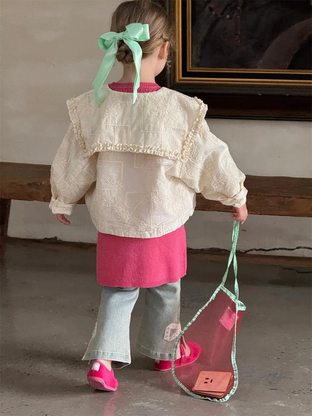 Girls vintage lace bow bell-bottom denim pants in picture colour with hair band belt fly