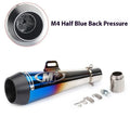 M4 style universal motorcycle exhaust pipe shown in black, titanium, and blue finish options.