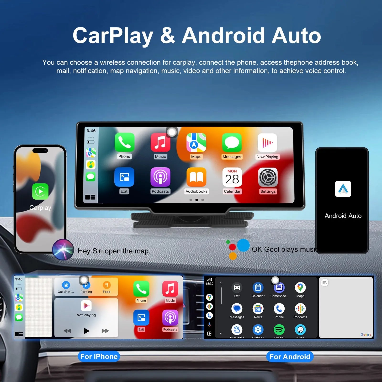10.26-inch car DVR dash cam with rear view camera mounted on vehicle dashboard