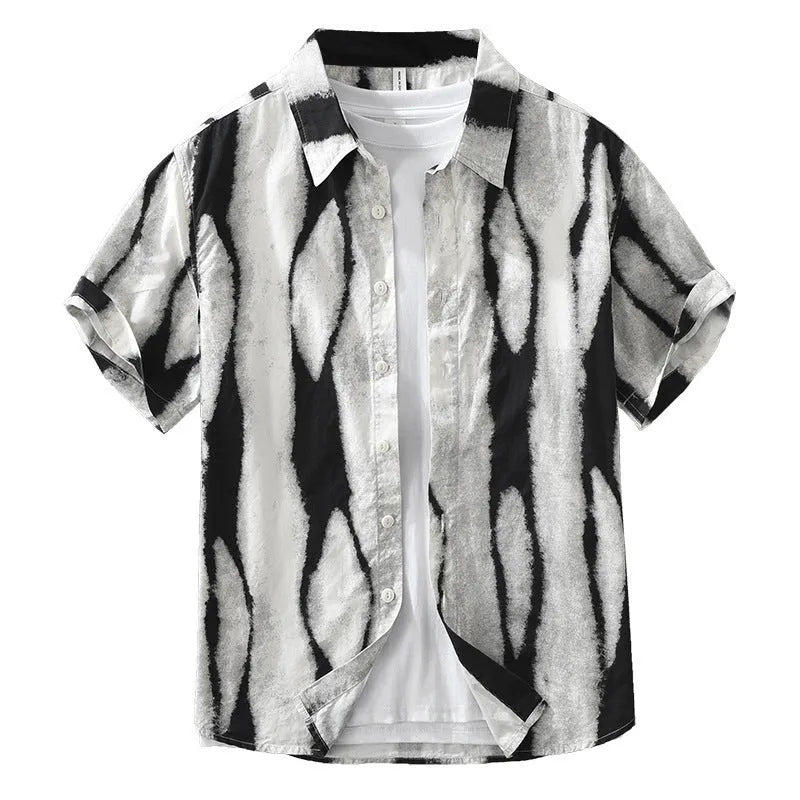 Retro striped short sleeve cotton shirt in black, shown in a loose fit.