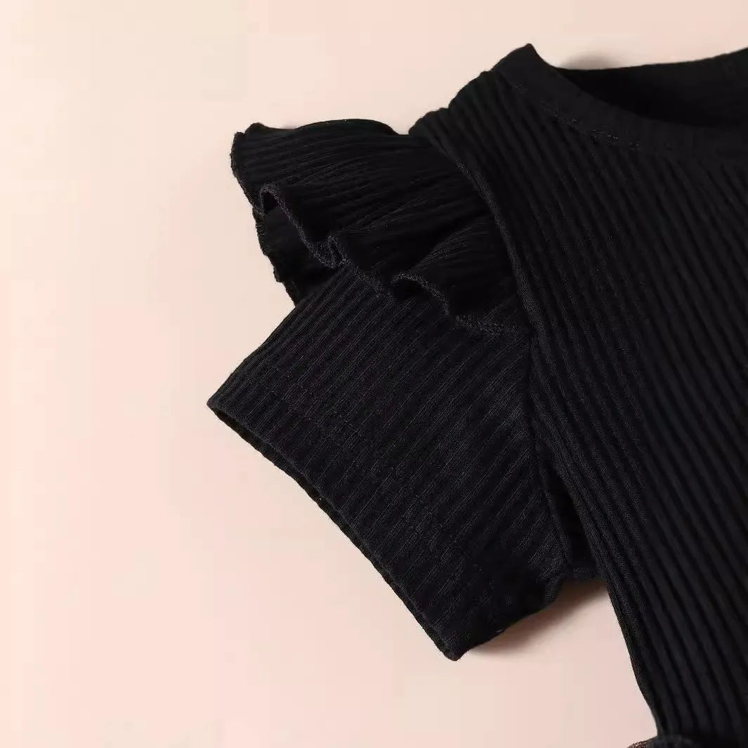 Girls cotton pullover dress with leopard print, mesh bow, short sleeves, in black and wine red colours