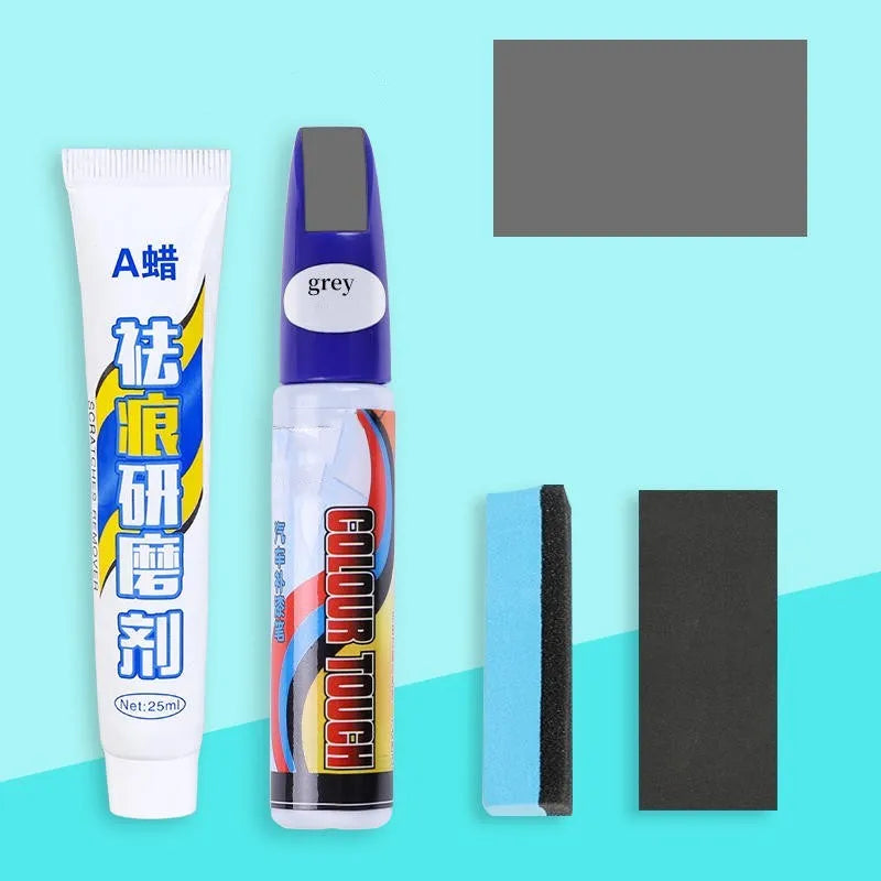Automotive paint repair pen kit with touch-up fluid, wax, sponge, and sandpaper for car scratch repair.