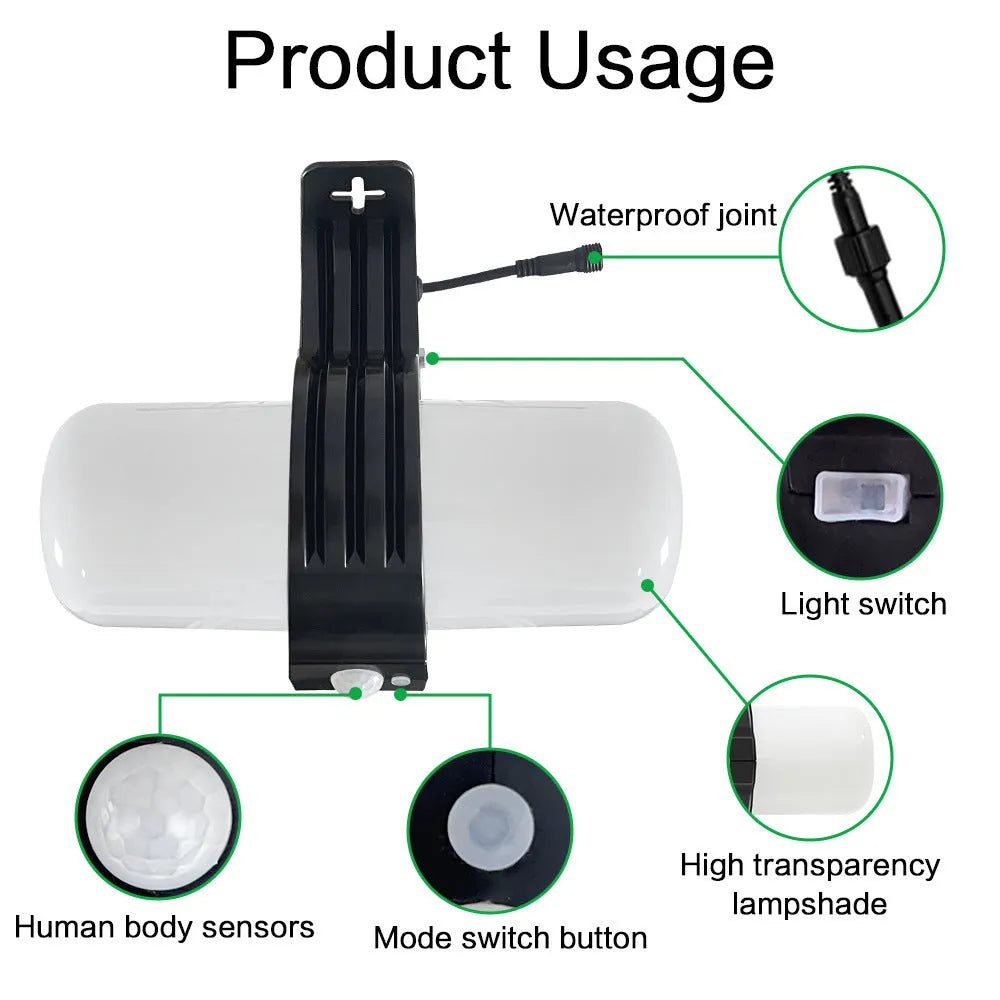 Black abstract-design outdoor solar floodlight with solar panel and motion sensor on wall bracket