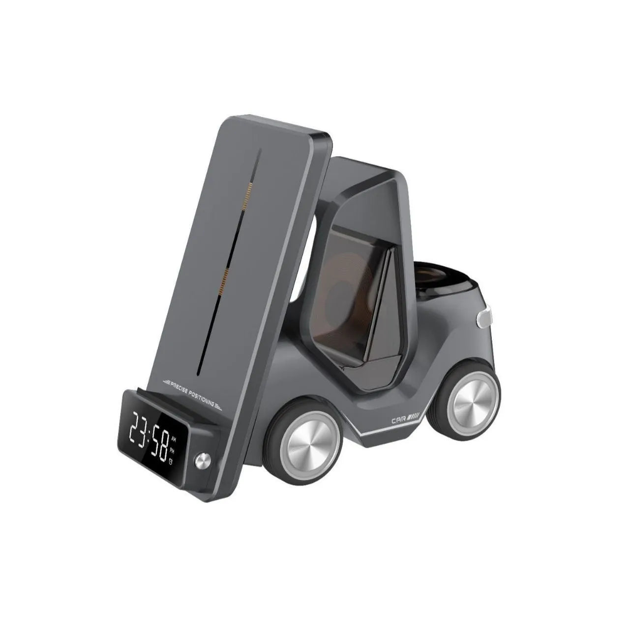 Grey three-in-one wireless charging stand holding a phone, earphones and a smart watch.