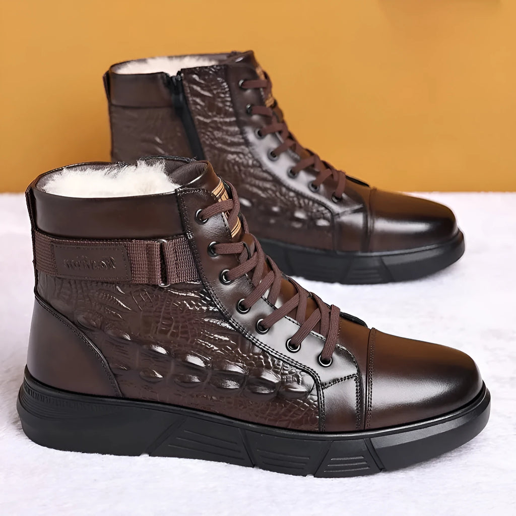 Black and brown round-toe lace-up boots with genuine leather upper, fur lining, and rubber sole.