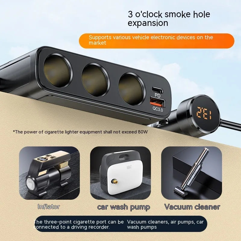 C28 black vehicle cigarette lighter adapter with USB, PD and QC3.0 charging ports