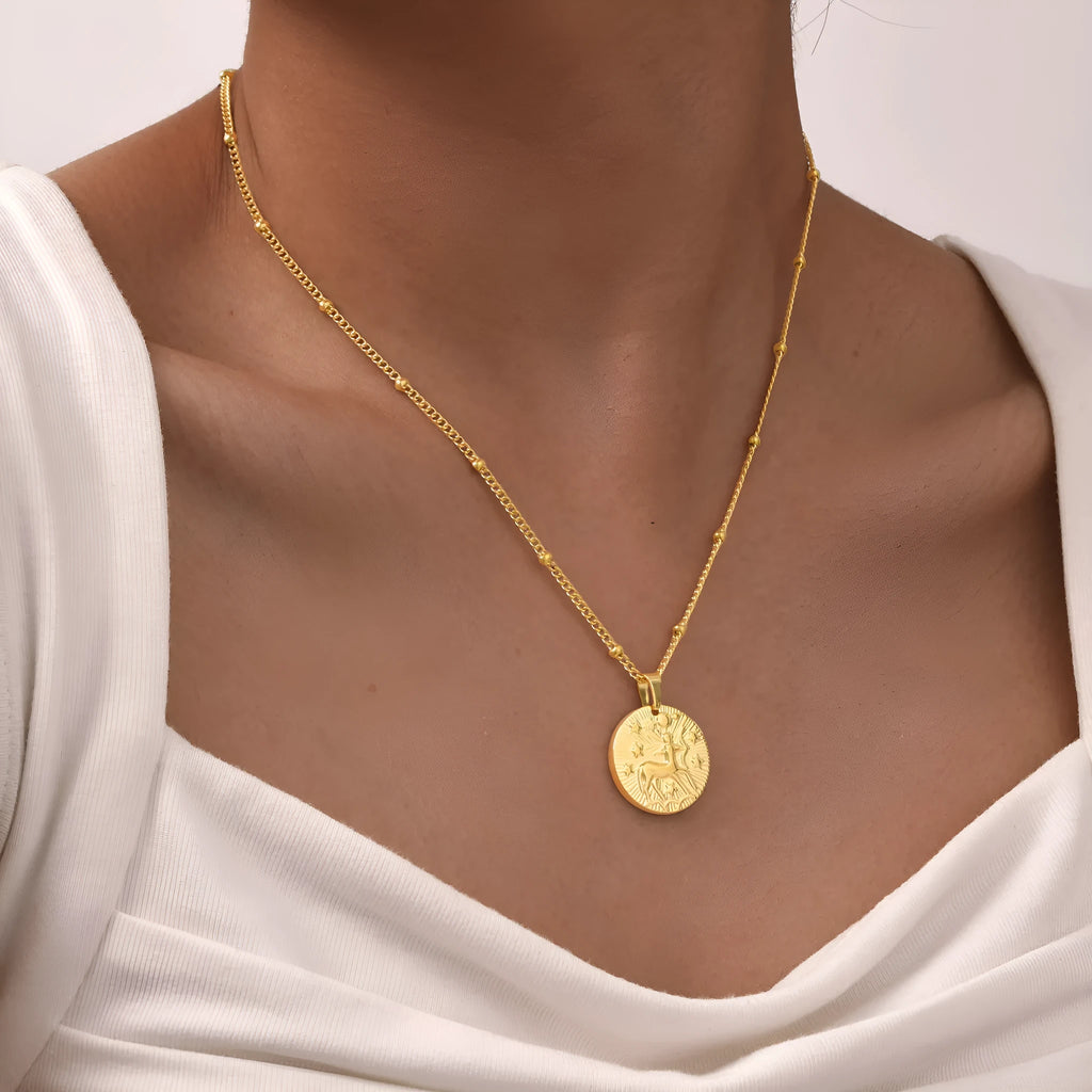 Stainless steel bead necklace with a round pendant embossed with a zodiac constellation, on a cross chain.