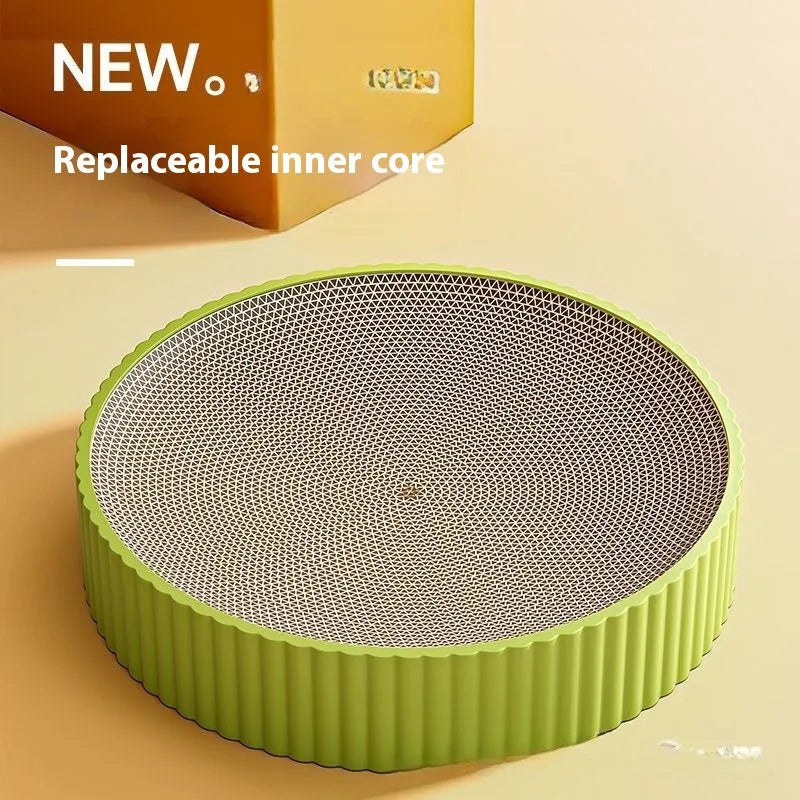 Green and white round corrugated paper cat scratching board nest with two refill packs