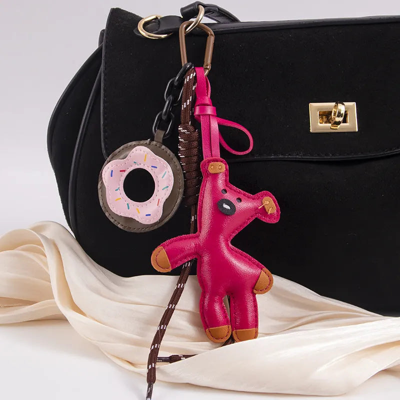 PU leather bear donut keychain in brown with semi-handmade finish and bag clip attachment