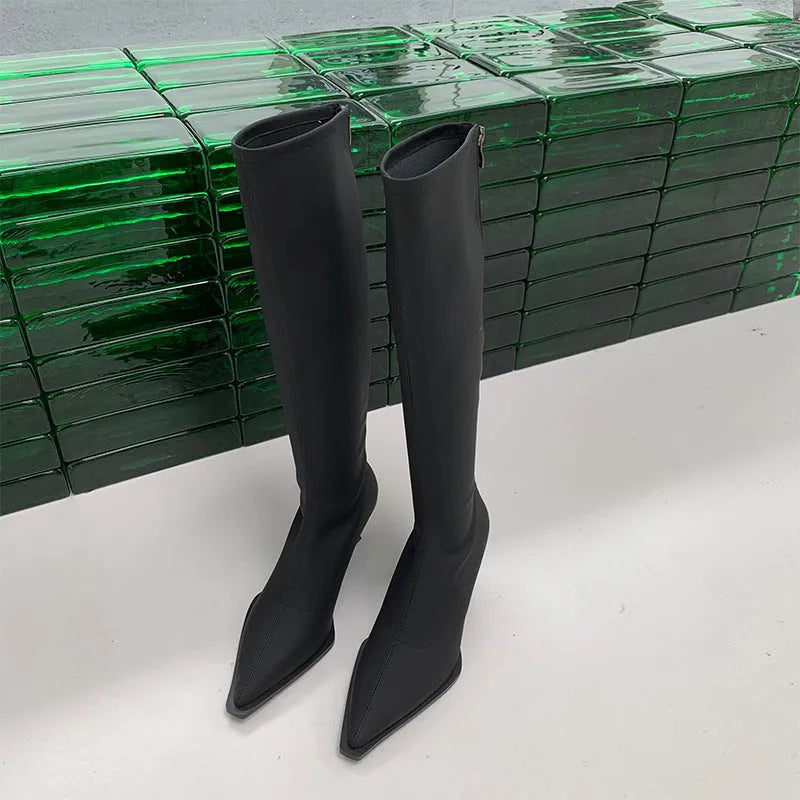 Black women's pointed toe below knee boots with a stiletto heel and a back zip.