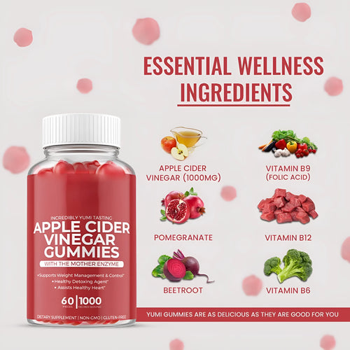 Bottle of apple cider vinegar gummy tablets containing 60 chewable soft candies for adult dietary supplementation