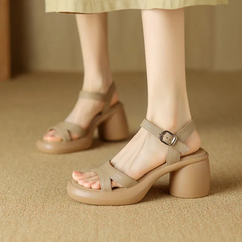 Open toe platform sandals for women in apricot colour with a microfiber upper and rubber sole.