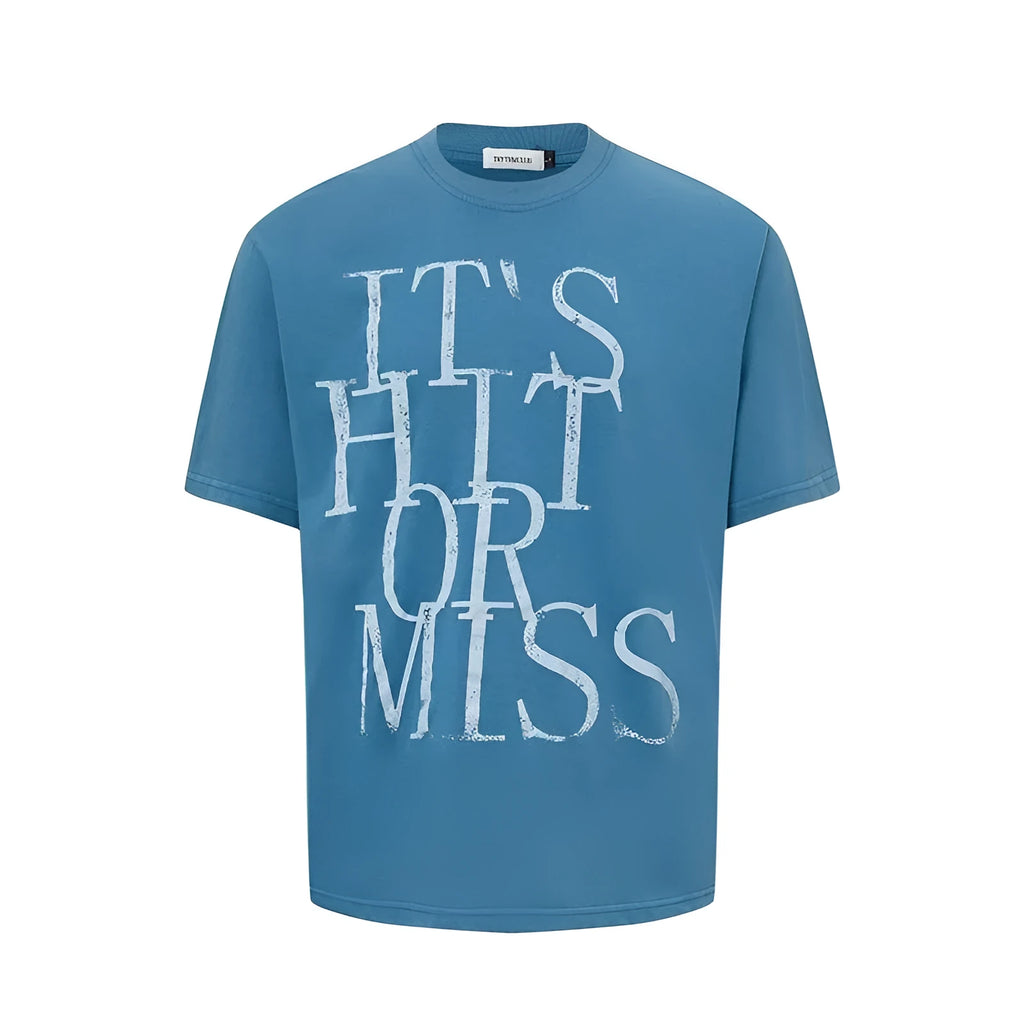 Man's loose blue cotton blend T-shirt with white retro letter printing on the front.