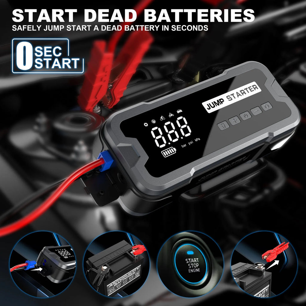 CY53 car emergency jump starter power bank unit with LCD display and LED lights.