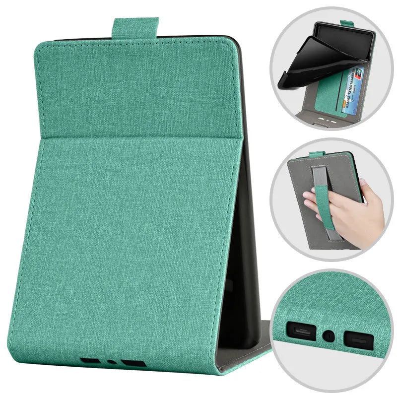 A 6-inch Kindle protective case in an embossed TPU material, shown in a Van Gogh starry sky design, with its folding bracket stand extended.