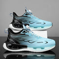 Youth button sneaker with shock absorption rotating sole in light blue, black, or white and blue colours