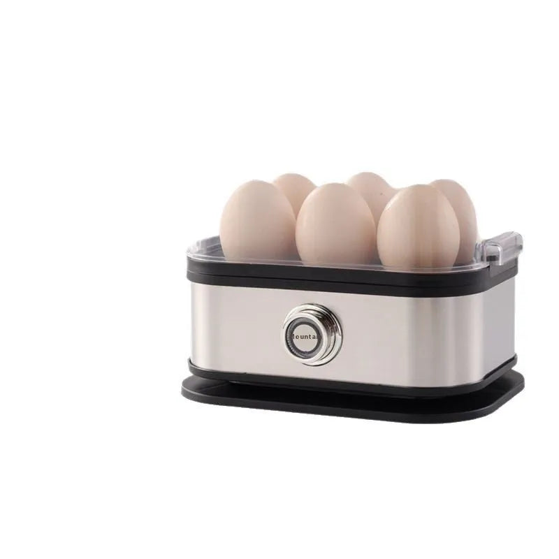 Black stainless steel mini portable electric egg boiler on a countertop