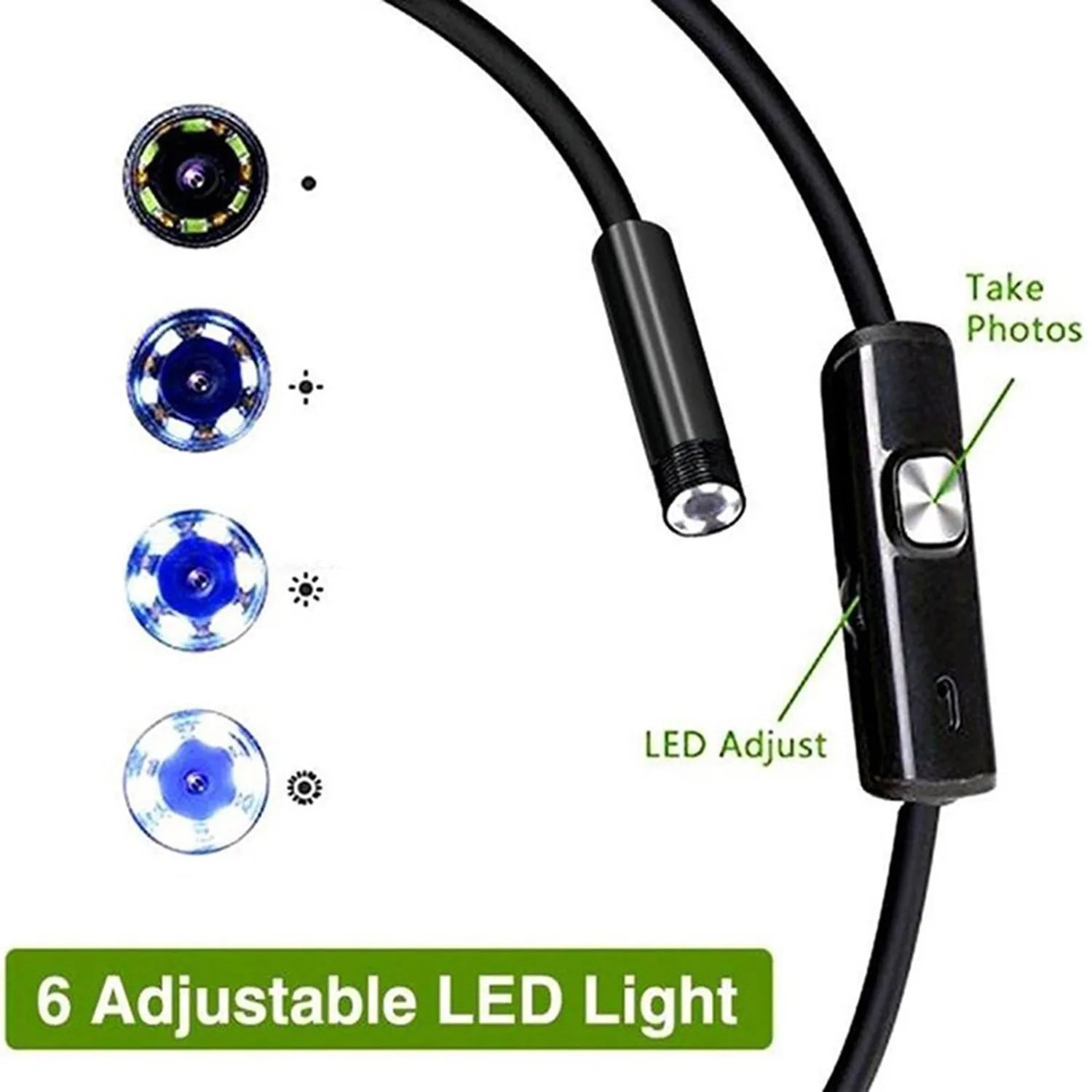 3-in-1 USB Type-C endoscope kit with flexible cable, waterproof probe, side mirror, hook, and magnet on a white background.