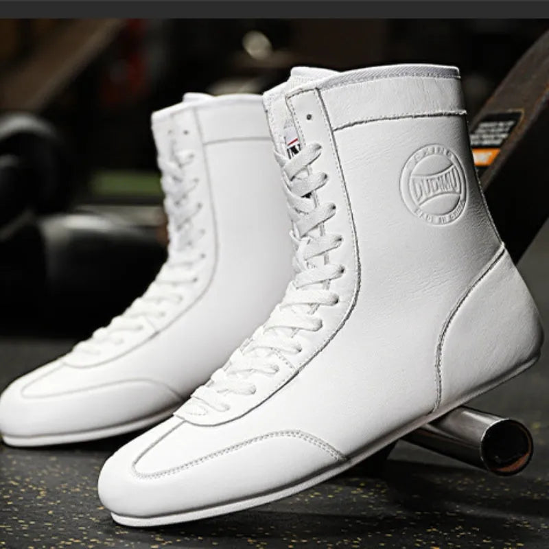 Professional boxing wrestling shoes in black gold mesh and white leather for indoor training