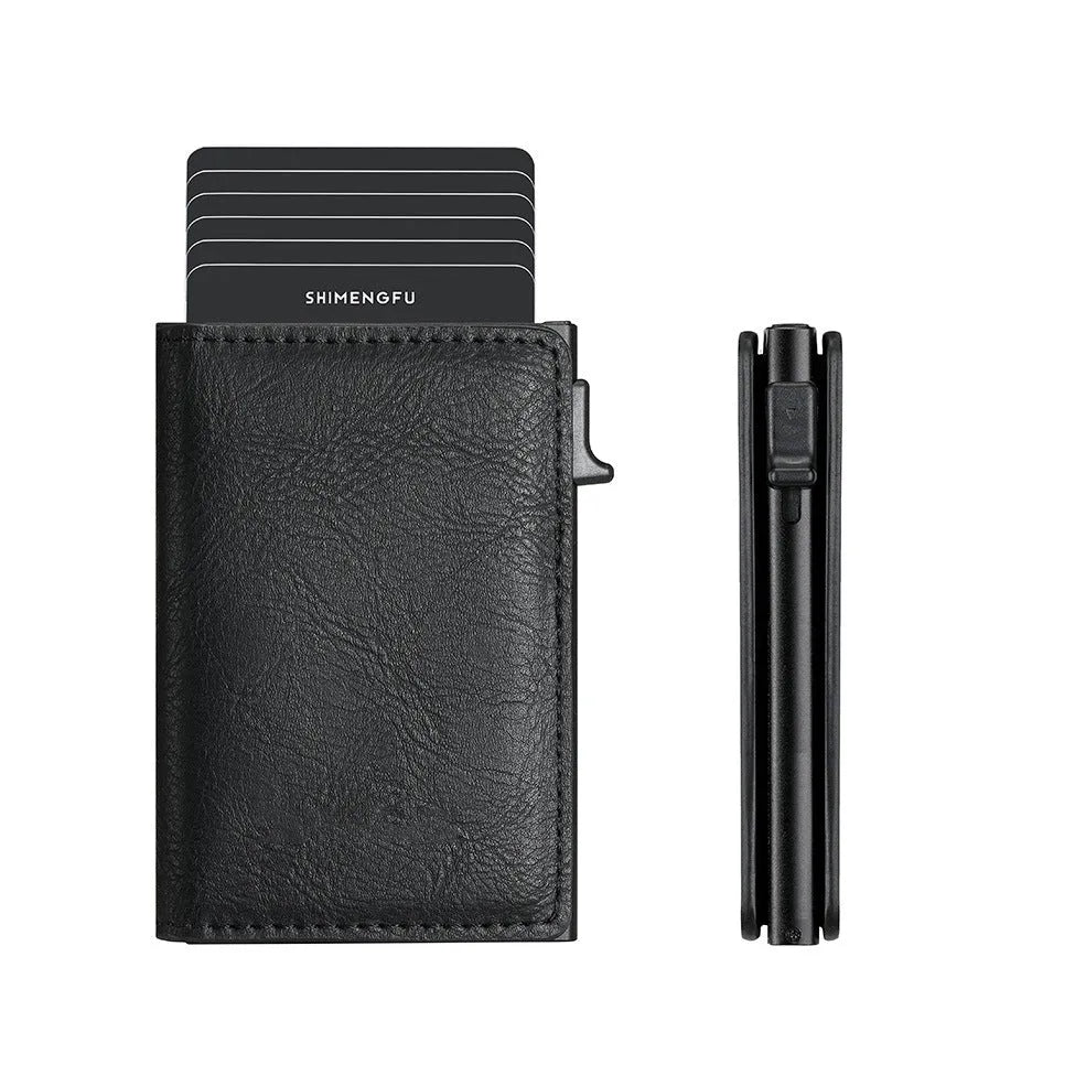 Pop-up aluminium alloy RFID blocking card wallet in retro PU leather, black colour option