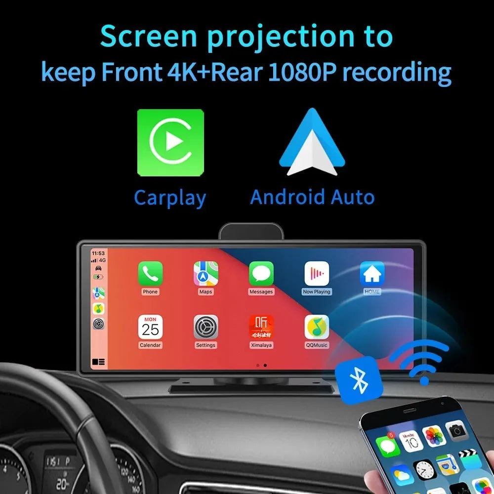 12-inch touch screen car DVR dash cam with front and rear cameras on a black unit