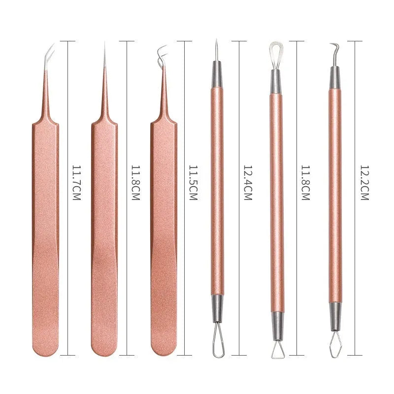 Six-piece stainless steel acne remover beauty tool set in rose gold