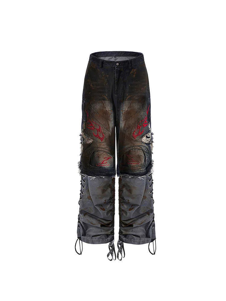 Men's wide-leg jeans with detachable trouser legs showing convertible design