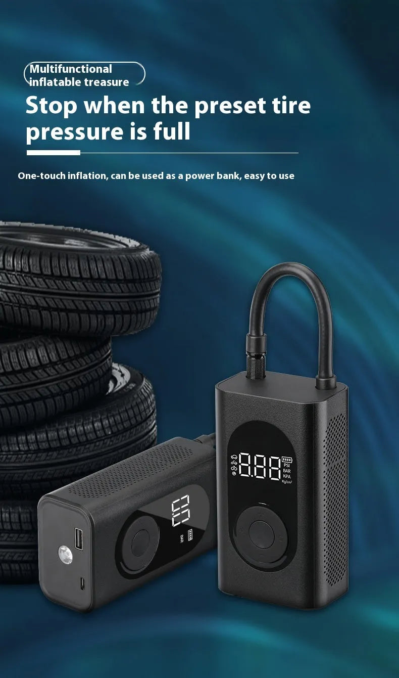 Compact black handheld wireless tyre inflator with digital display, attached air hose, and USB cable.
