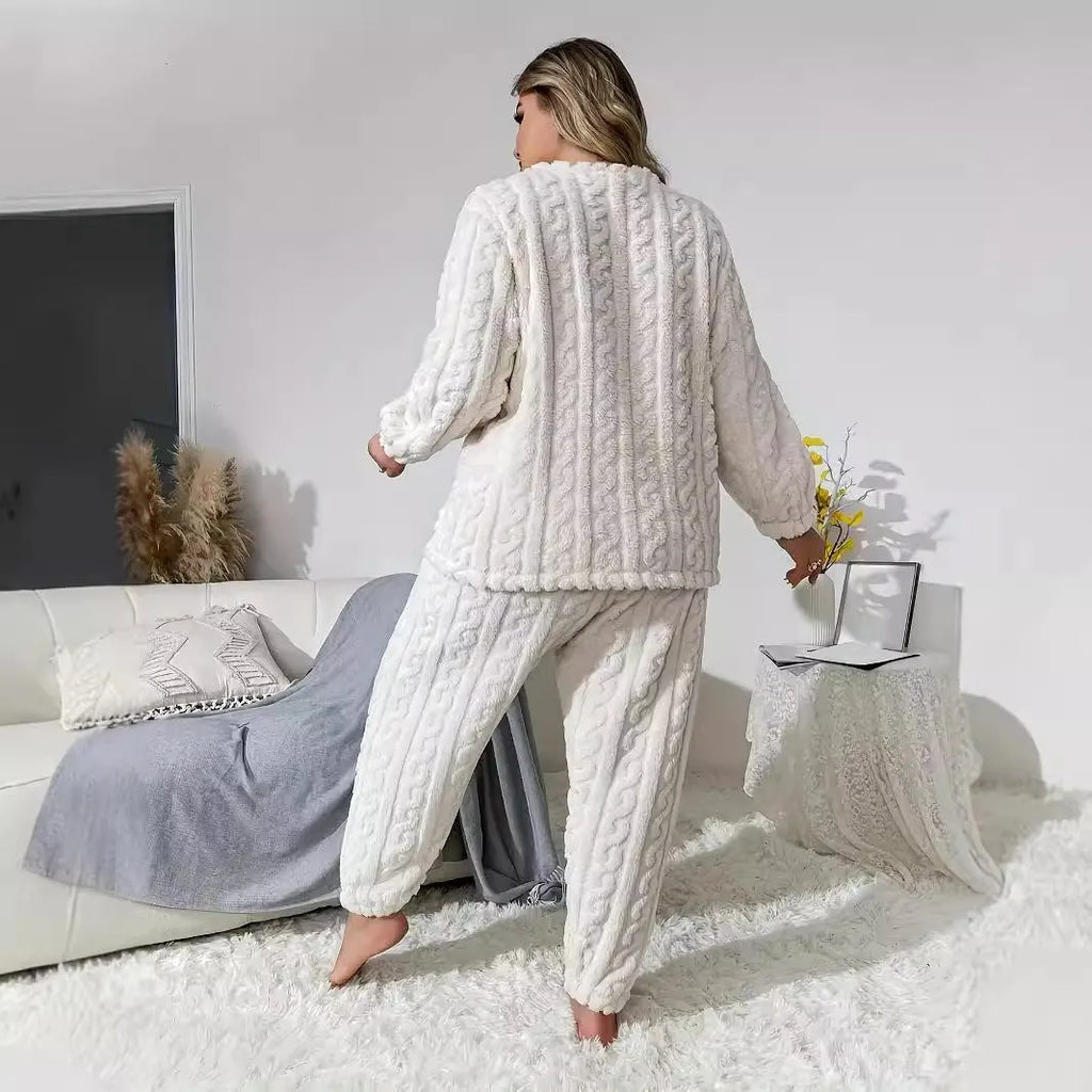 Women's creamy white plush two-piece casual set with crew neck top and matching trousers