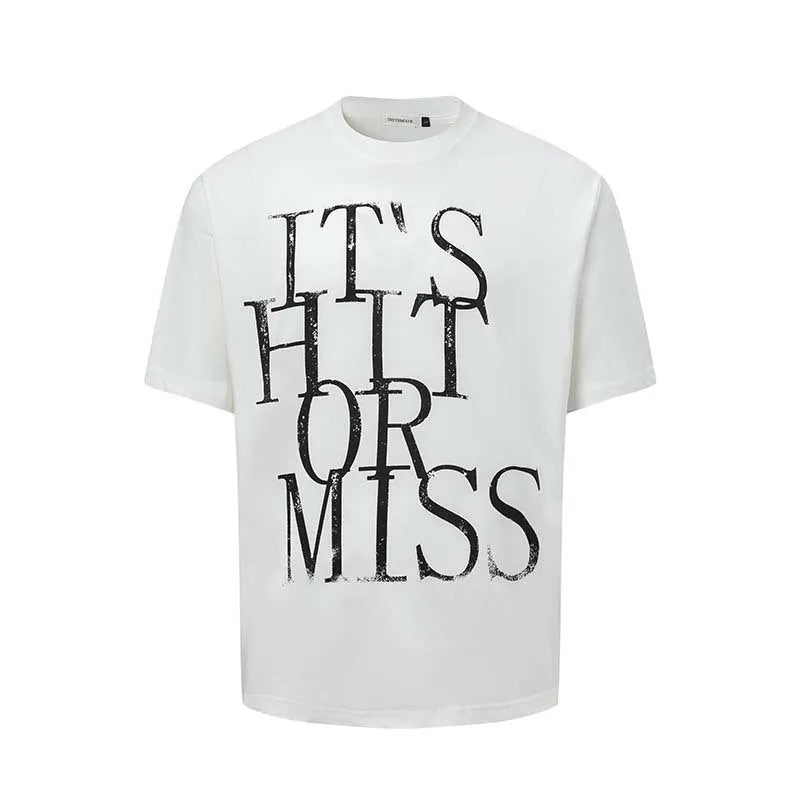 Man's loose blue cotton blend T-shirt with white retro letter printing on the front.