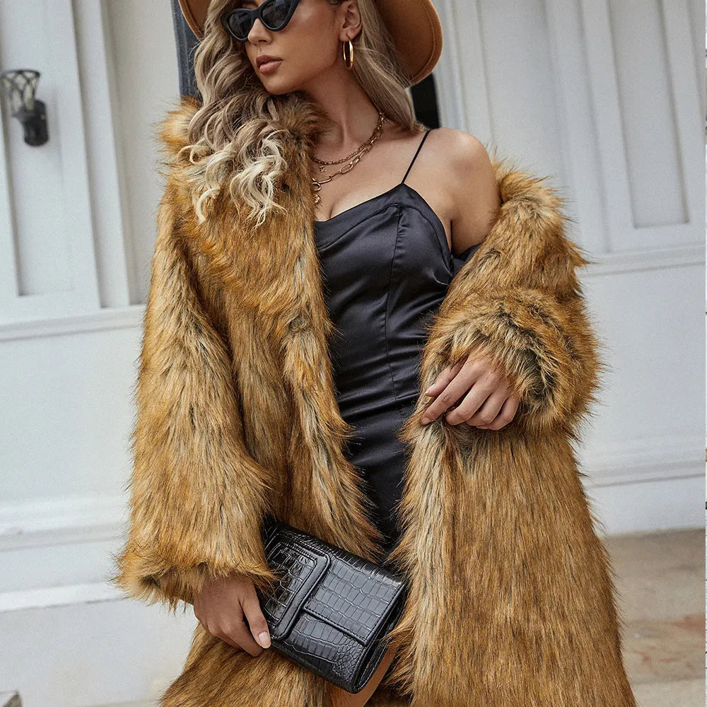 Yellow women's artificial fur coat with loose fit and regular sleeves