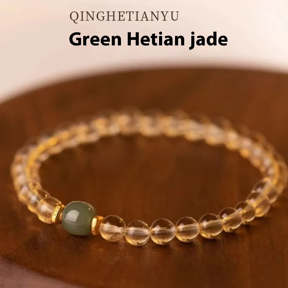 Natural rutilated quartz bracelet with gold inclusions, handmade Brazilian crystal jewellery